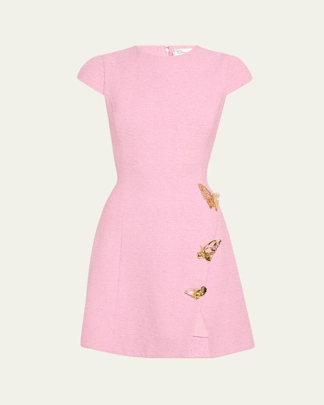 Cap-Sleeve Butterfly-Slit Tweed Mini Dress